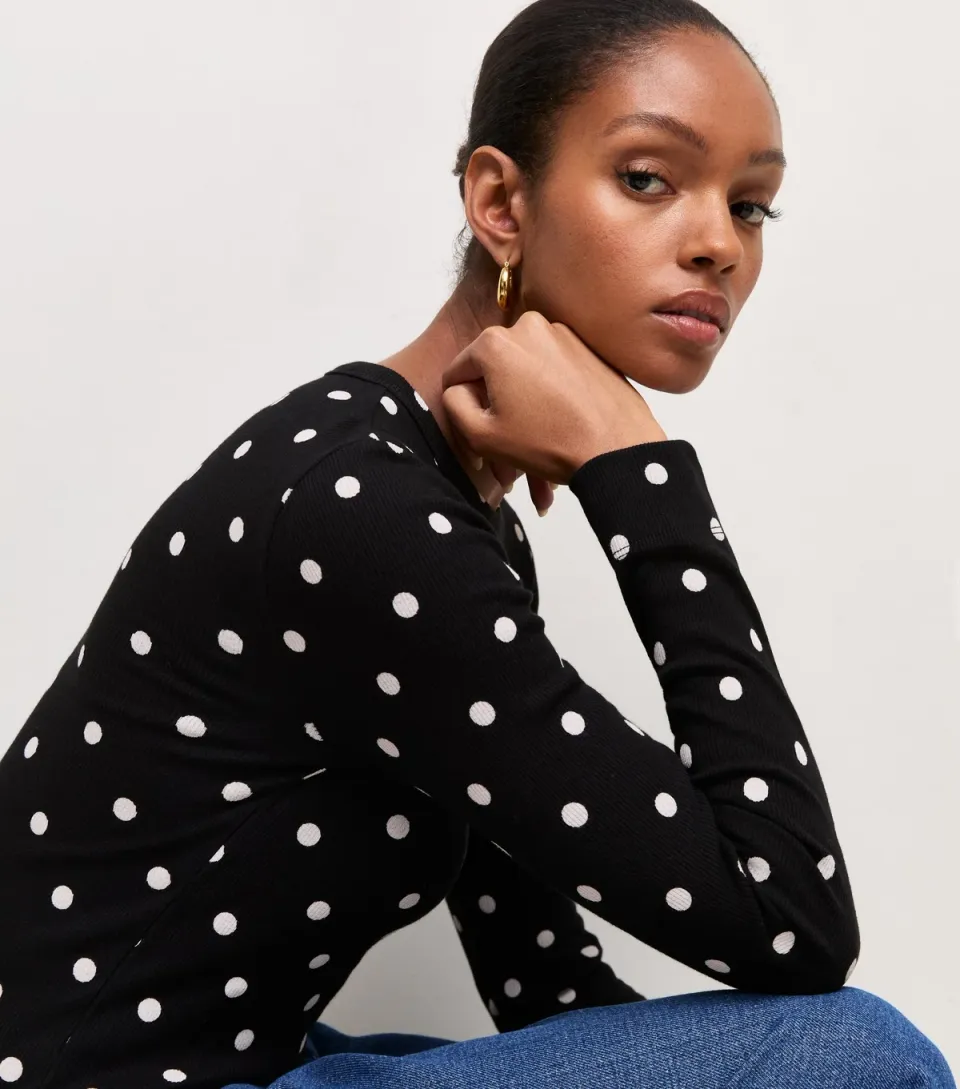 Women's Black Cotton Rich Ribbed Polka Dot Long Sleeve Top