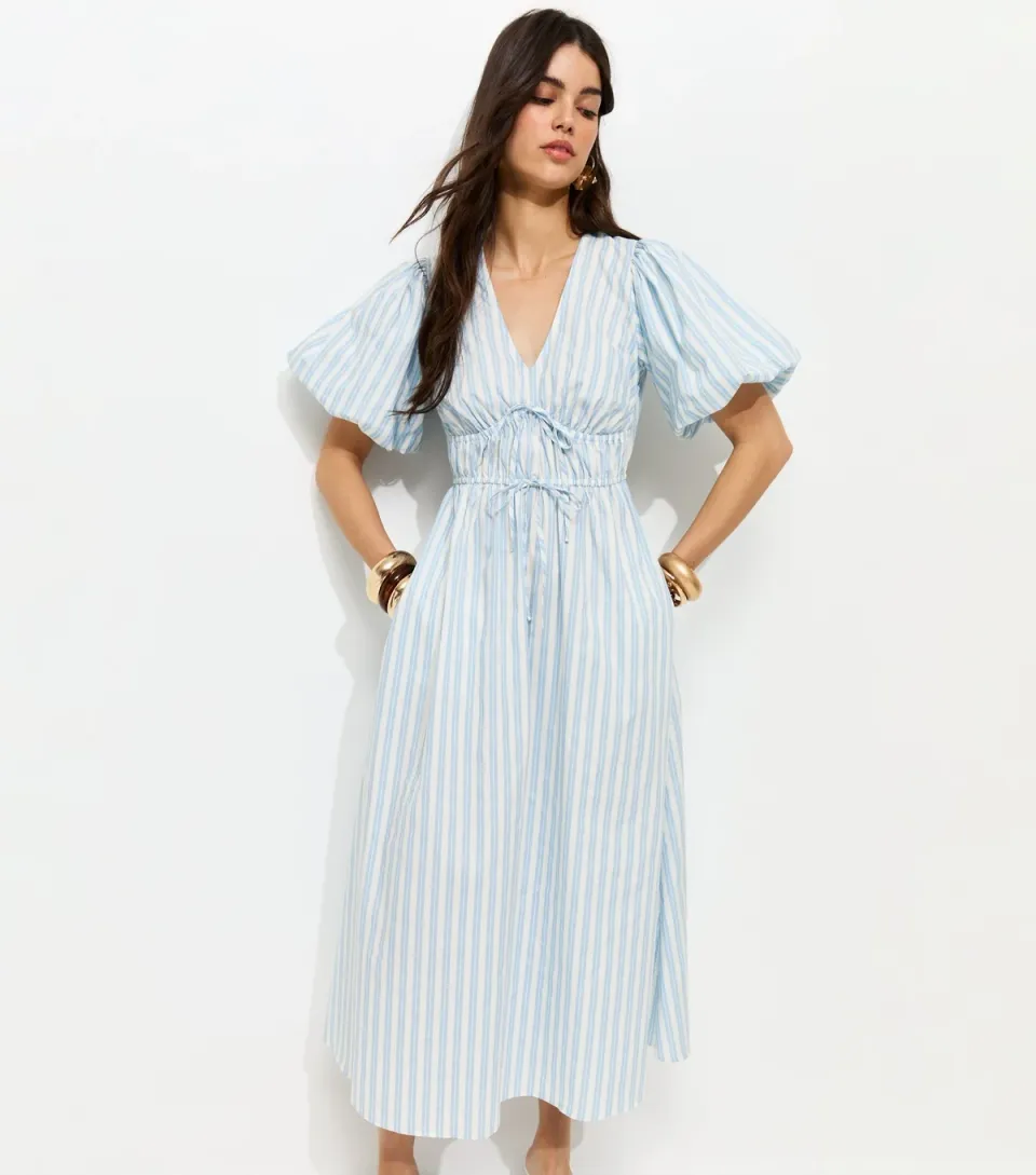 Women's Blue Striped Puff Sleeve Midi Dress