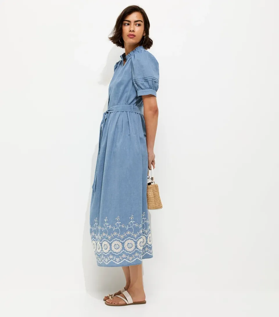 Women's Light Blue Cotton Chambray Grandad Neck Broderie Midi Dress