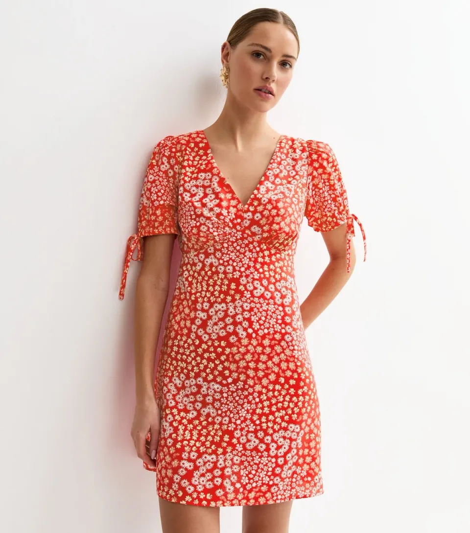 Women's Red Crepe Floral Print Tie Sleeve Mini Dress