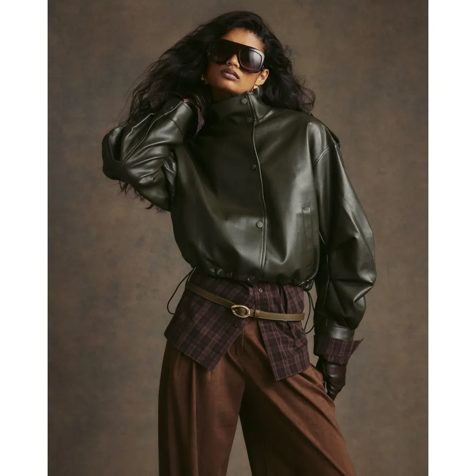 Funnel Neck Ruched Sleeve Bomber Jacket