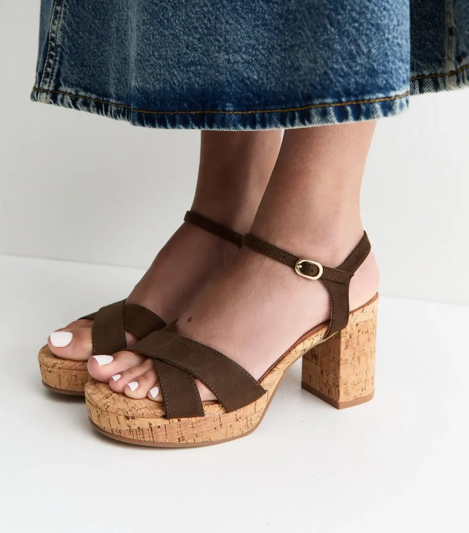 Women's Brown Faux Suede Cork Platform Sandals Vegan