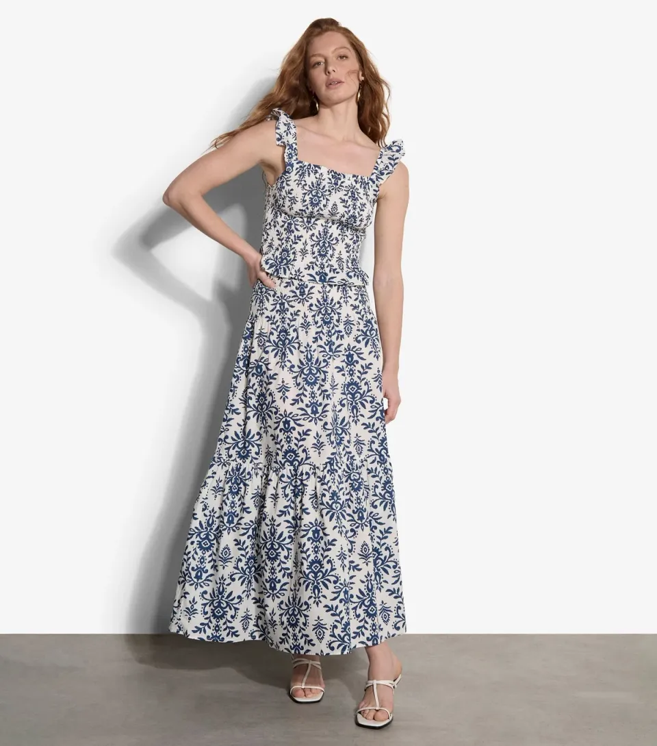 Women's White Ikat Tiered Maxi Skirt