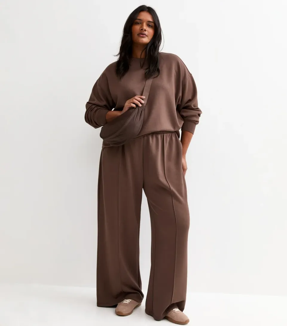 Women's Plus Size Premium Dark Brown Wide Leg Joggers Curves