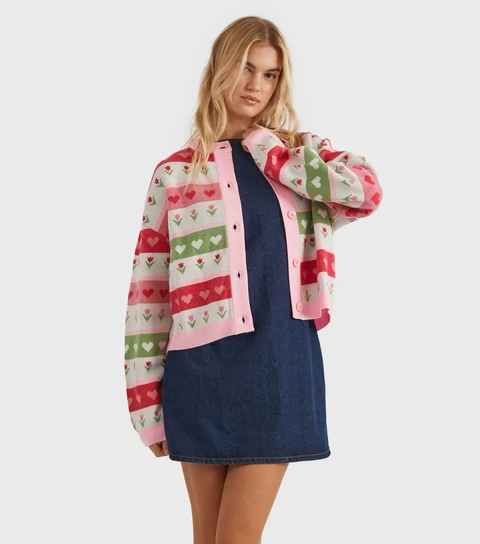 Women's Pink Floral Stripe Knit Cardigan