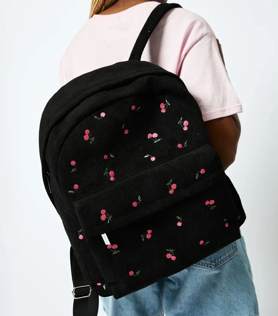 Black Corduroy Cherry Embroidered Backpack