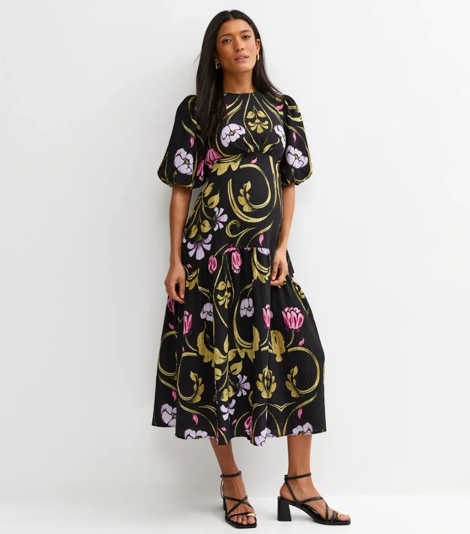 Women's Maternity Black Floral Tiered Midi Dress