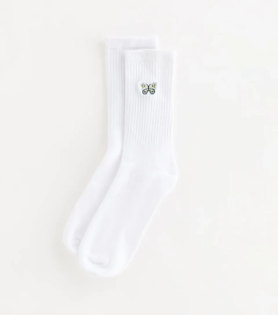 White Embroidered Butterfly Tube Socks