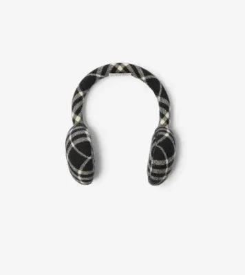 Check Wool Cashmere Earmuffs in Black/calico beige