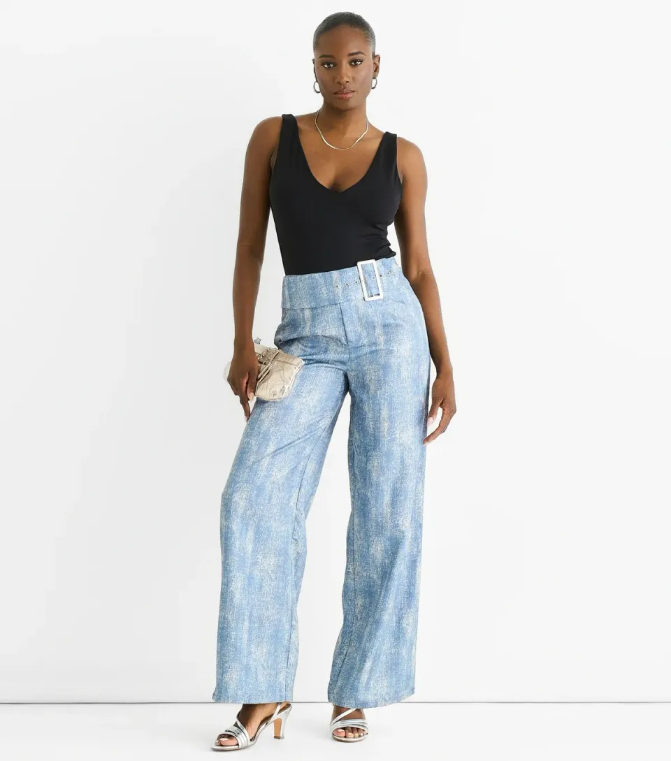 Women's Blue Printed Belted Trousers