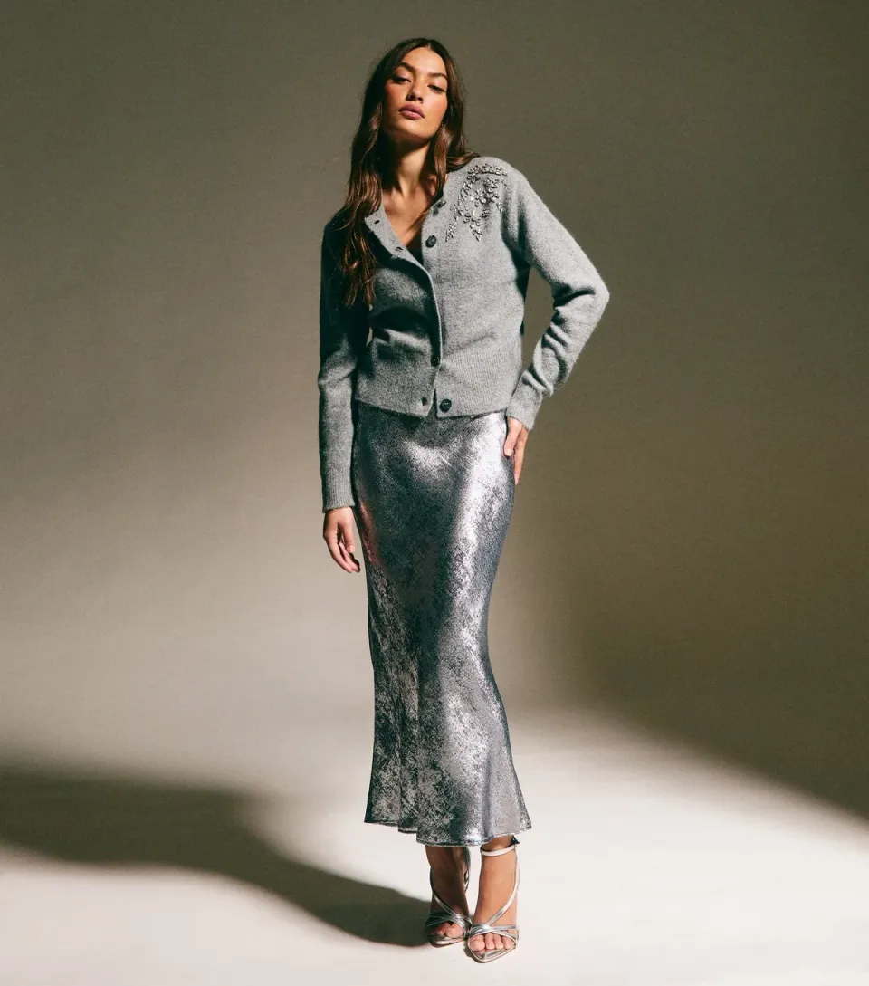 Women's Silver Metallic Bias Cut Midi Skirt