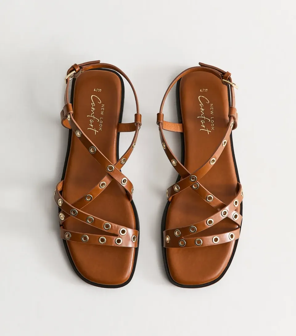 Women's Tan Faux Leather Eyelet Embellished Multi Strap Flat Sandals Vegan