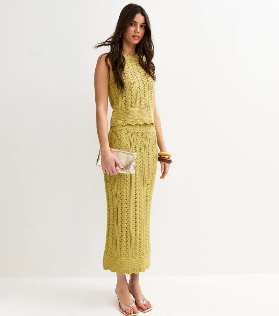 Women's Green Cotton Rich Scallop Hem Pointelle Knit Skirt