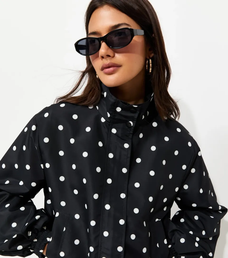 Women's Black Woven Polka Dot Zip Up Windbreaker Jacket