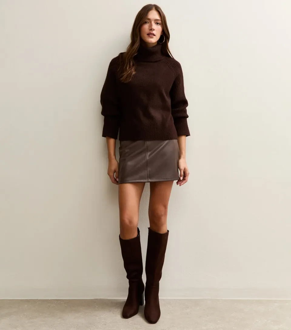 Women's Dark Brown Faux Leather A-Line Mini Skirt