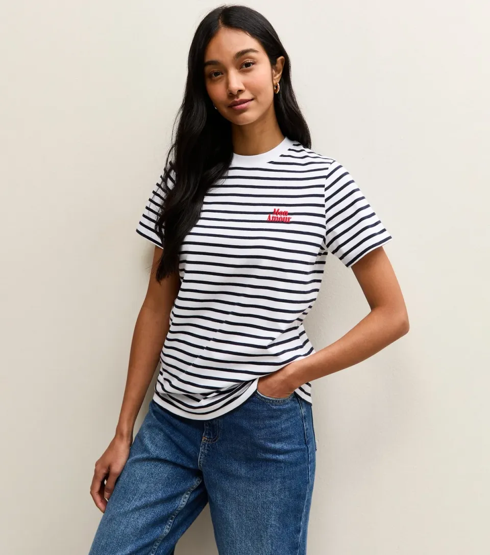Women's Navy Cotton Striped Mon Amour Logo T-Shirt