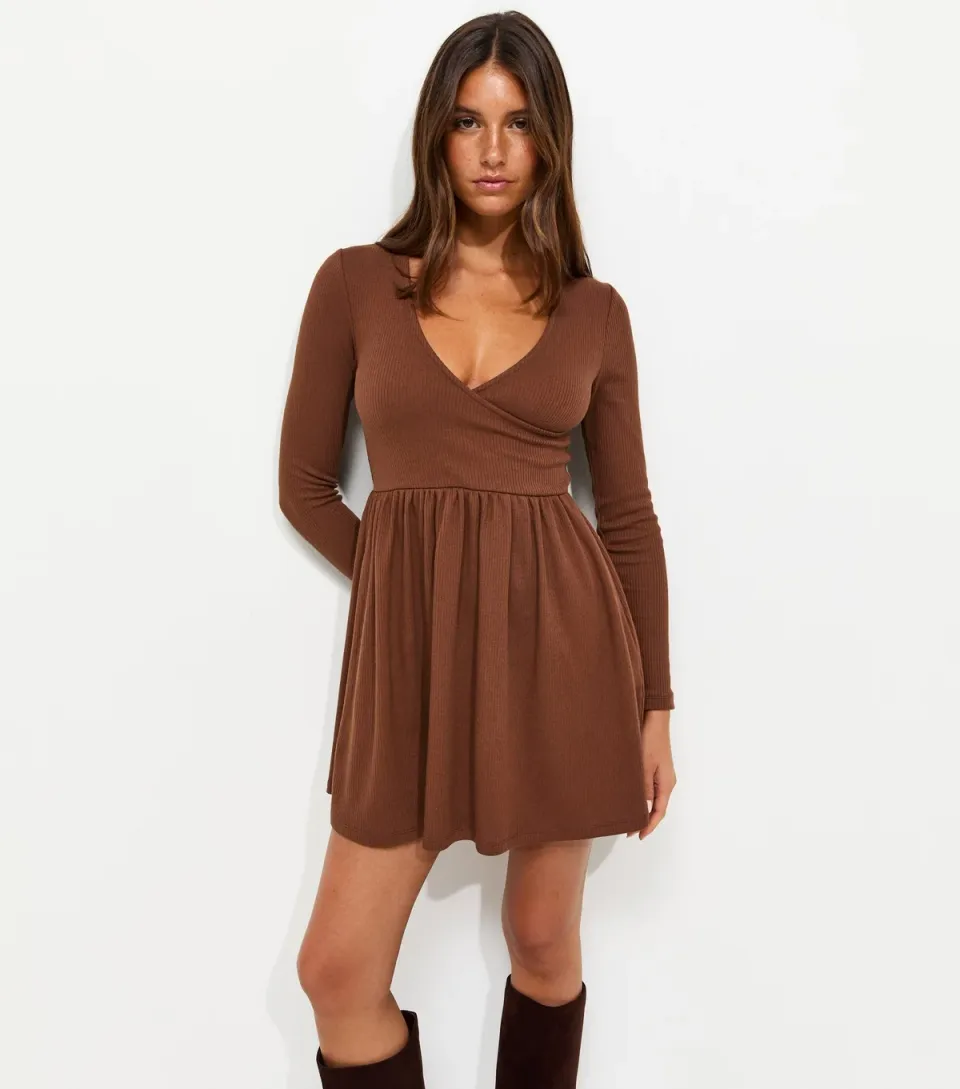 Women's Dark Brown Cotton Rich Long Sleeve Ribbed Wrap Front Mini Ballet Dress