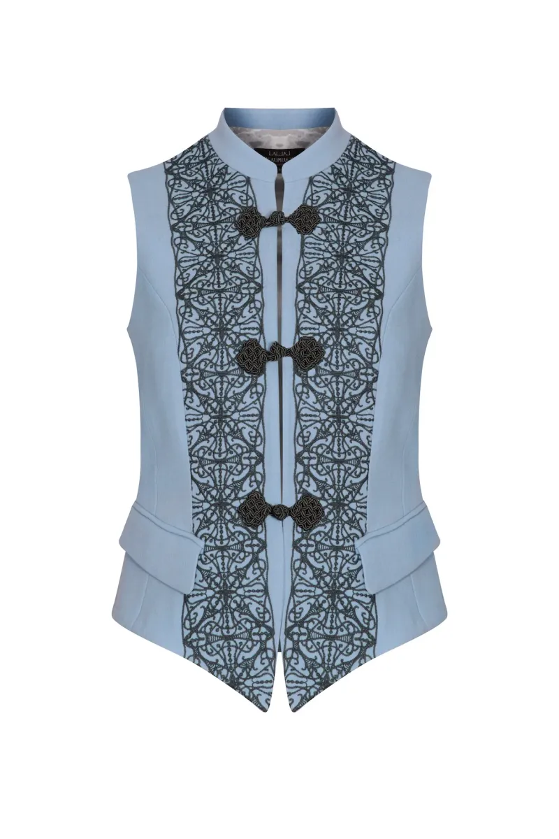Waistcoat in Embroidered Sky Faille with Grey Frogging Fastening - Wendy