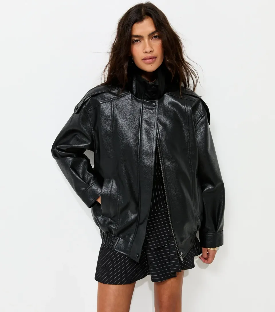 Women's Black Faux Leather Funnel Neck Oversized Jacket