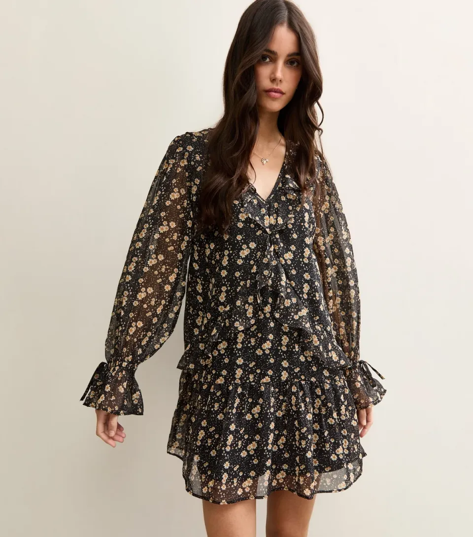 Women's Black Floral Chiffon Frilly Mini Dress