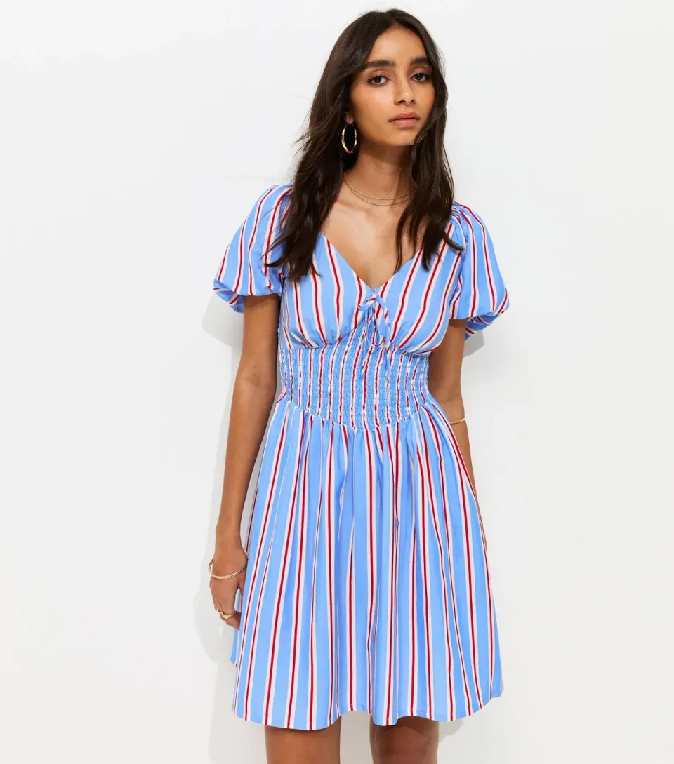 Women's Blue Crepe Stripe Puff Sleeve Shirred Mini Dress