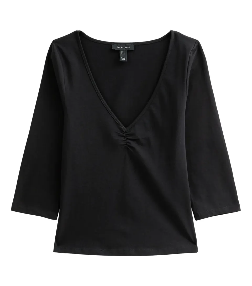 Women's Black Cotton Rich Ruched V-Neck Cropped Sleeve Top