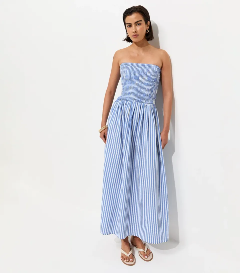 Women's Blue Striped Shirred Bandeau Dress