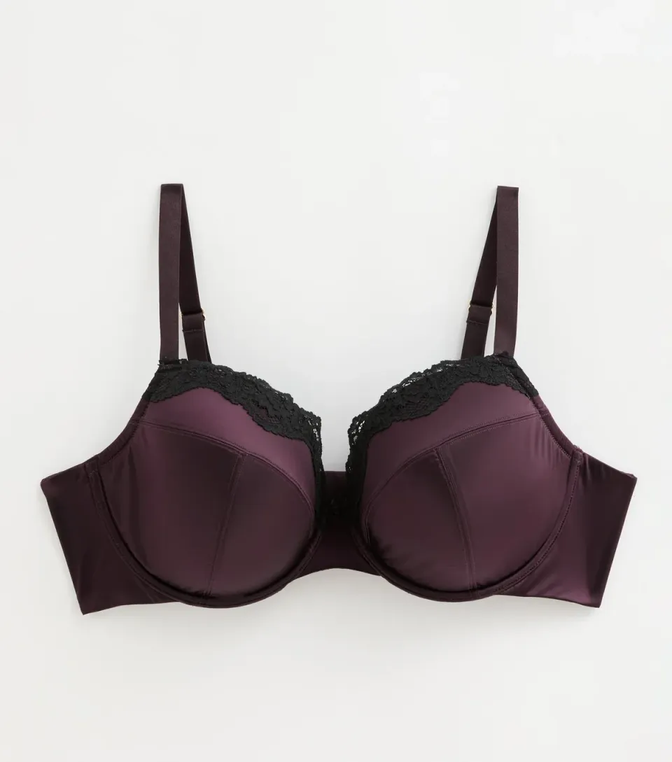Women's Plus Size Dark Purple Satin and Lace Plunge Bra Curves