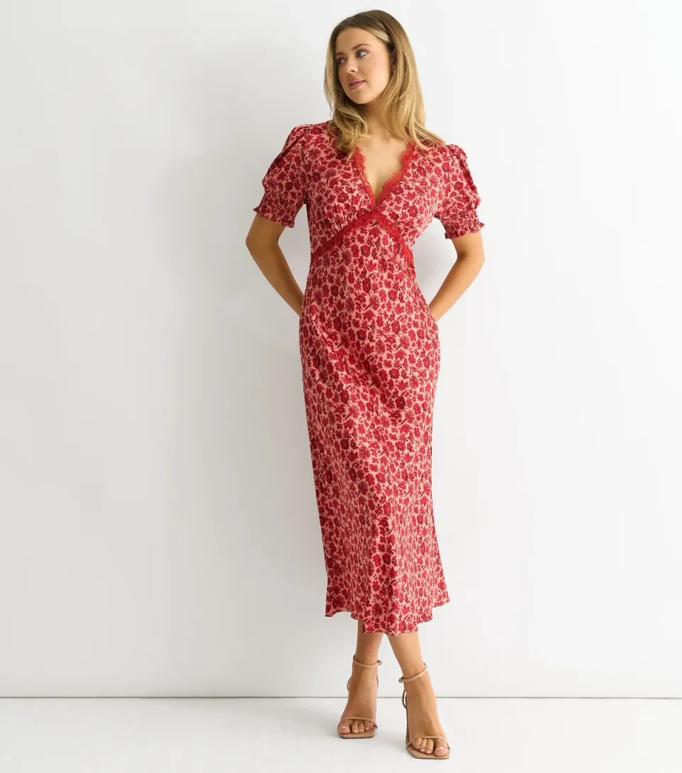 Women's Red Floral Print Lace Trim Midi Dress