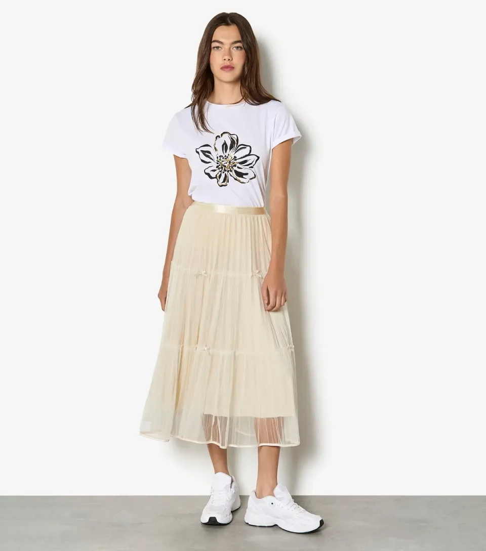 Women's Cream Bow Detail Mesh Midi Skirt
