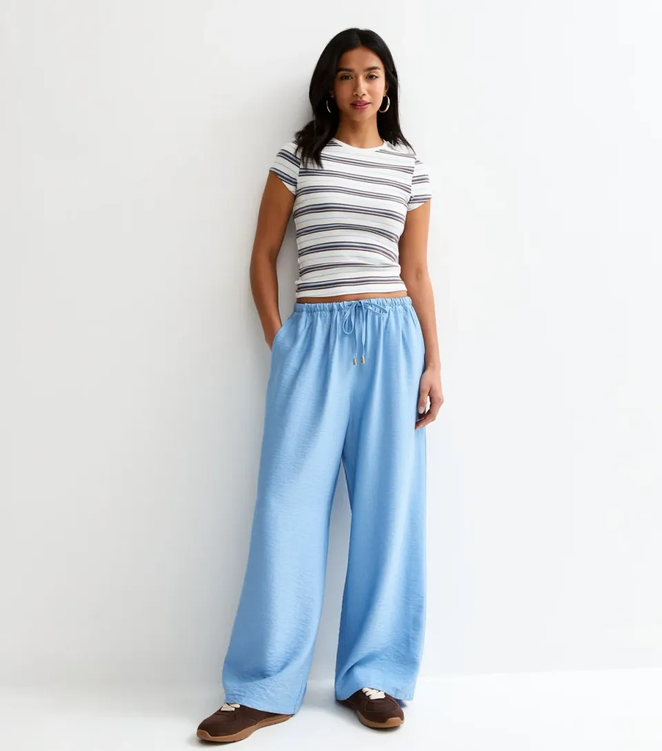 Women's Petite Light Blue Wide Leg Drawstring Trousers