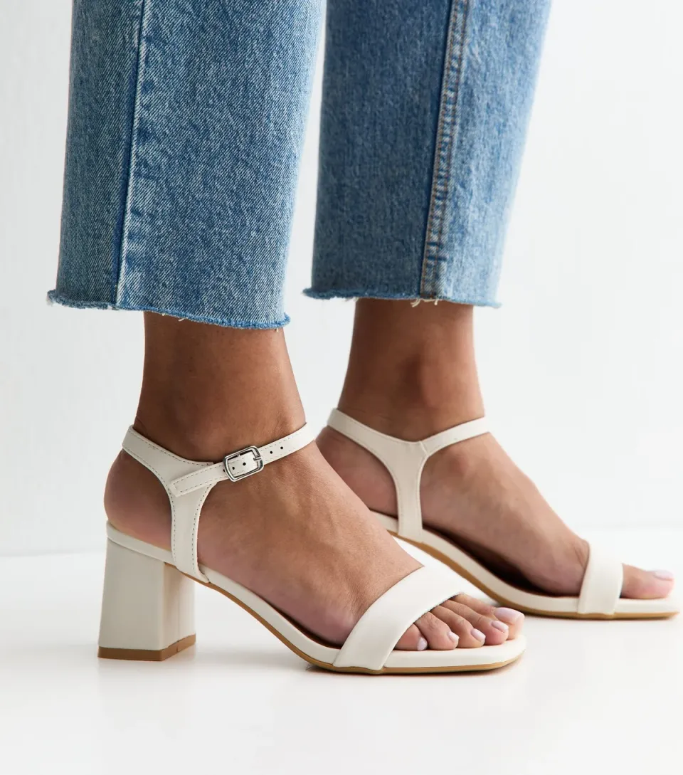 Women's Off White Faux Leather Square Toe Block Heel Sandals Vegan