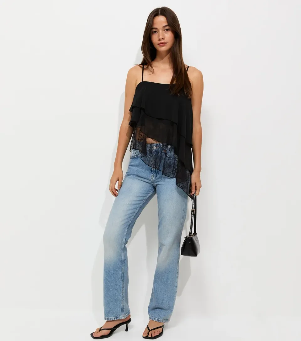 Women's Black Lace Asymmetric Tiered Cami Top