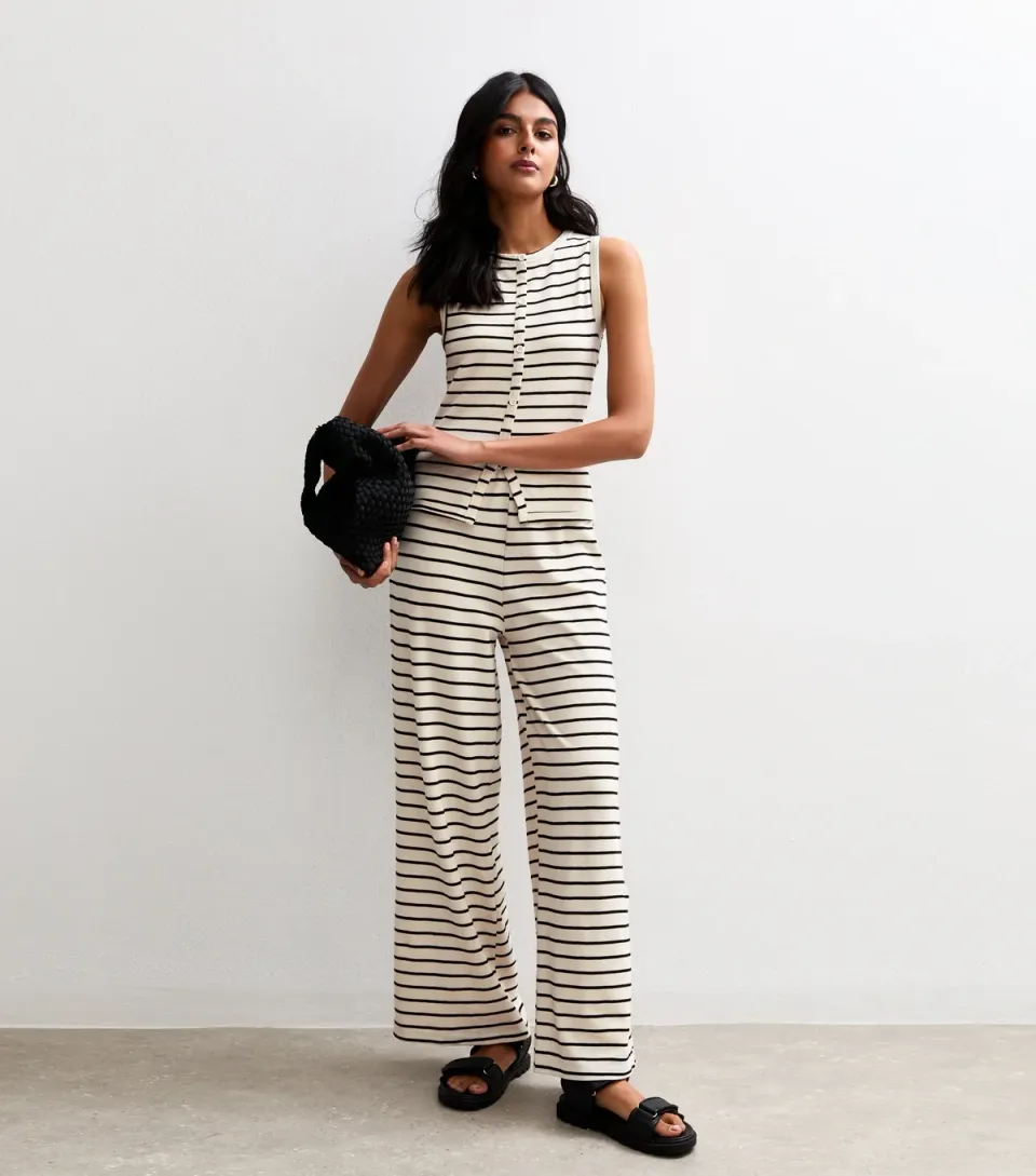 Women's Off White Striped Wide Leg Trousers