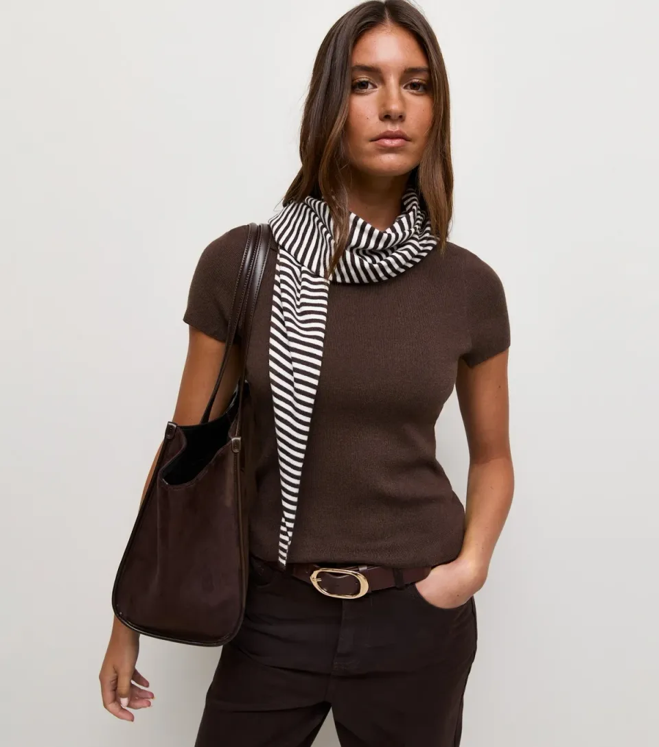 Women's Brown Ribbed Striped Scarf T-Shirt