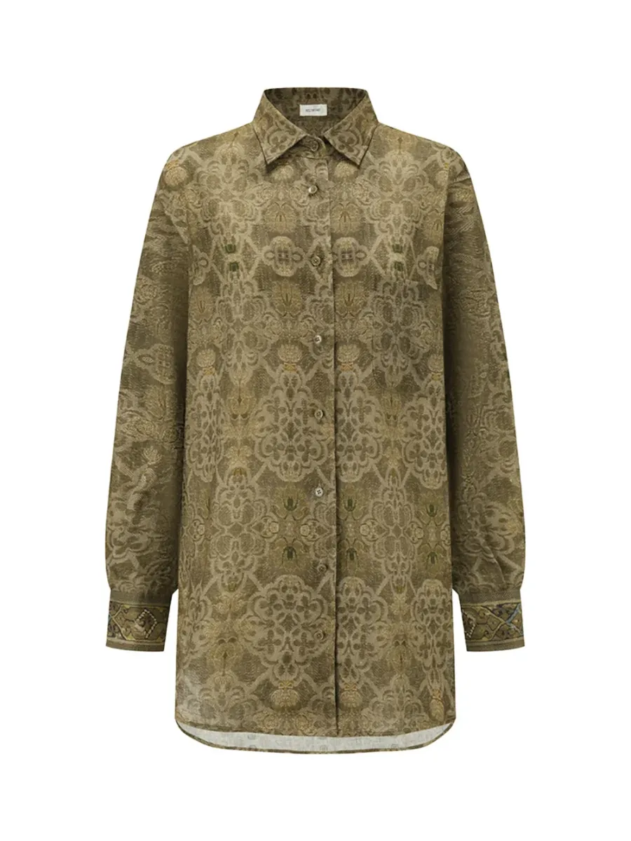 Women Moss Green Tone-on-Tone Printed Linen Shirt