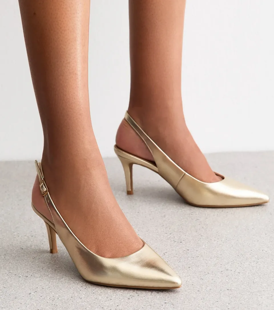 Women's Gold Faux Leather Pointed Slingback Stiletto Heel Court Shoes Vegan