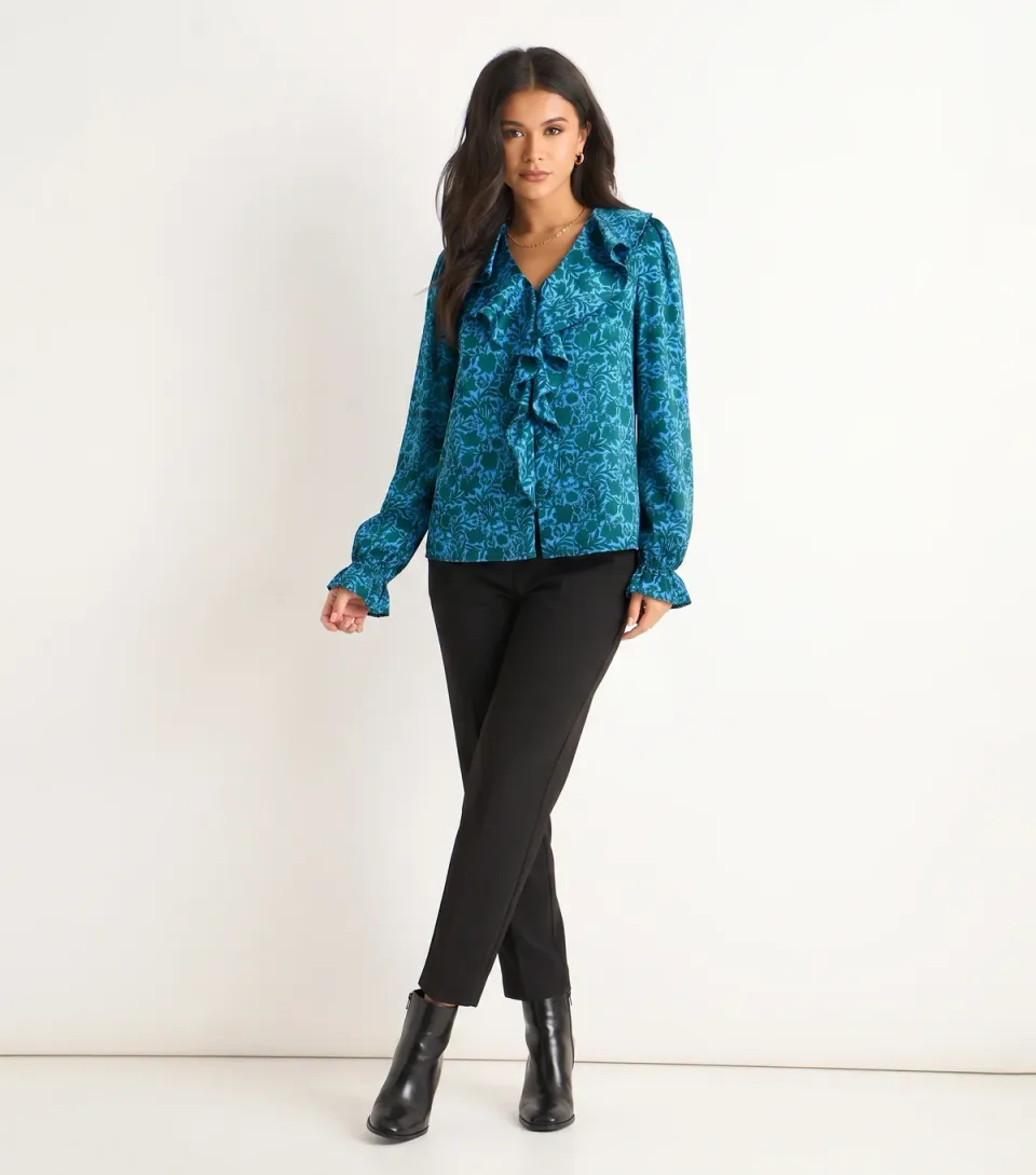 Women's Dark Blue Floral Ruffle Blouse