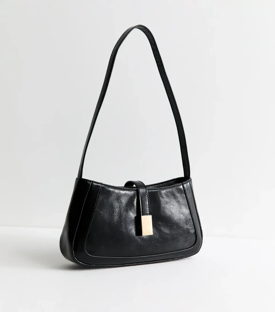 Black Faux Leather Clip Detail Shoulder Bag Vegan