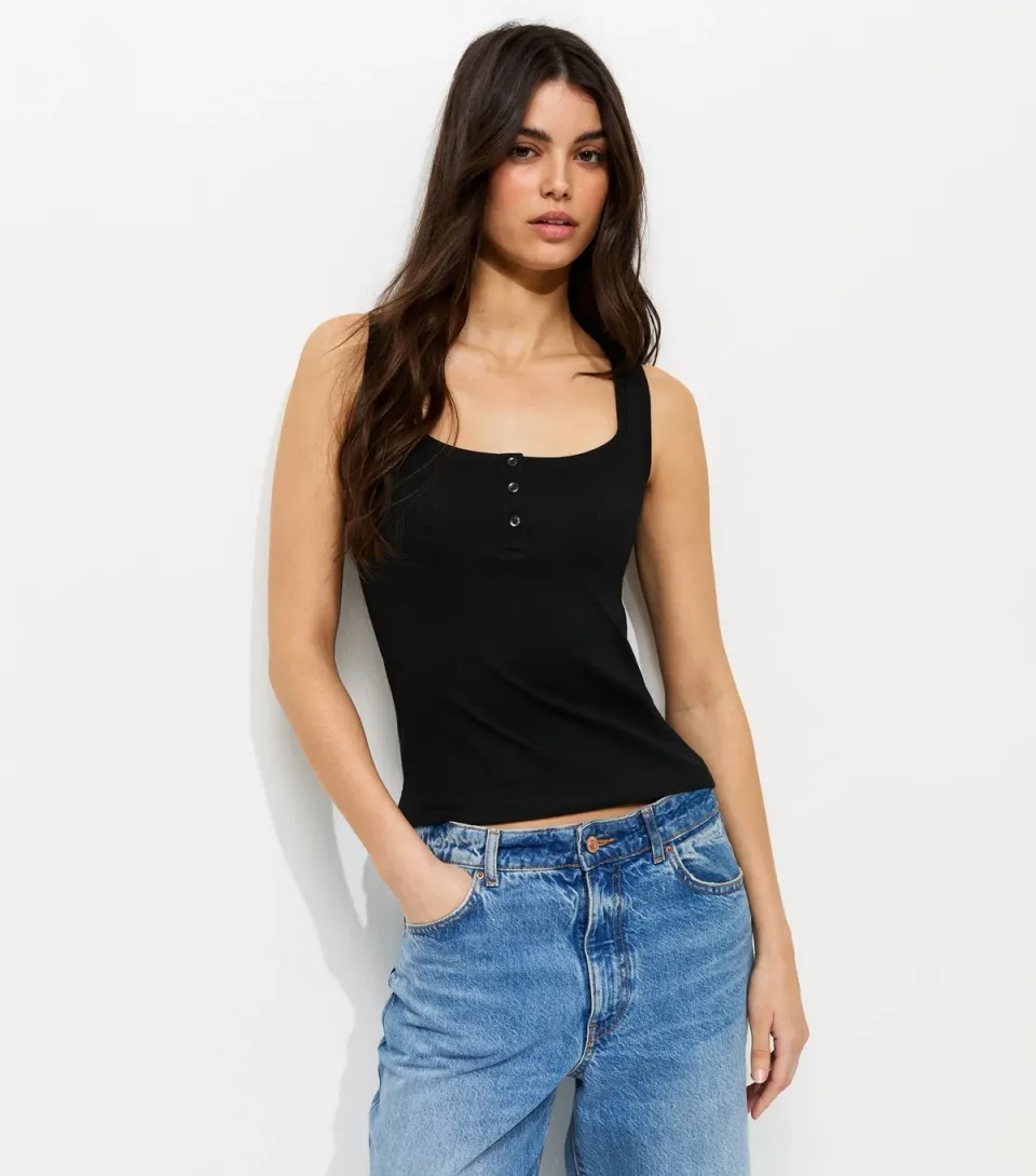 Women's Black Square Neck Button Front Vest Top