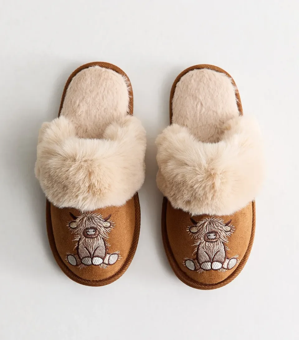 Women's Tan Faux Fur Fluffy Embroidered Cow Slippers Vegan