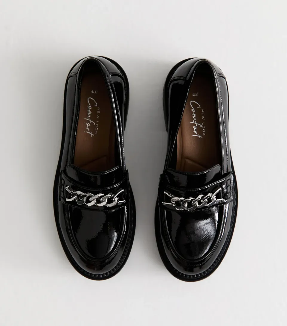 Women's Black Faux Patent Leather Chain Trim Chunky Sole Loafers Vegan