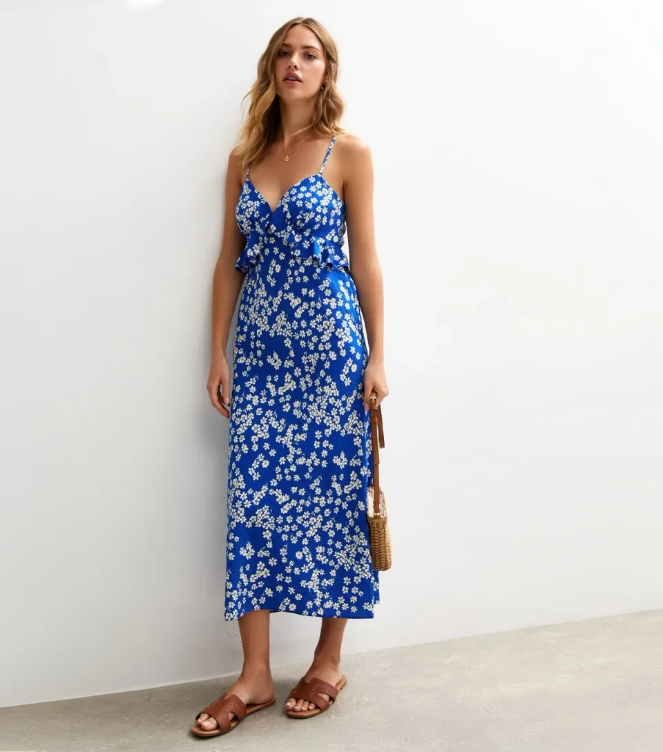 Women's Blue Floral Print Strappy Ruffle Trim Midi Dress