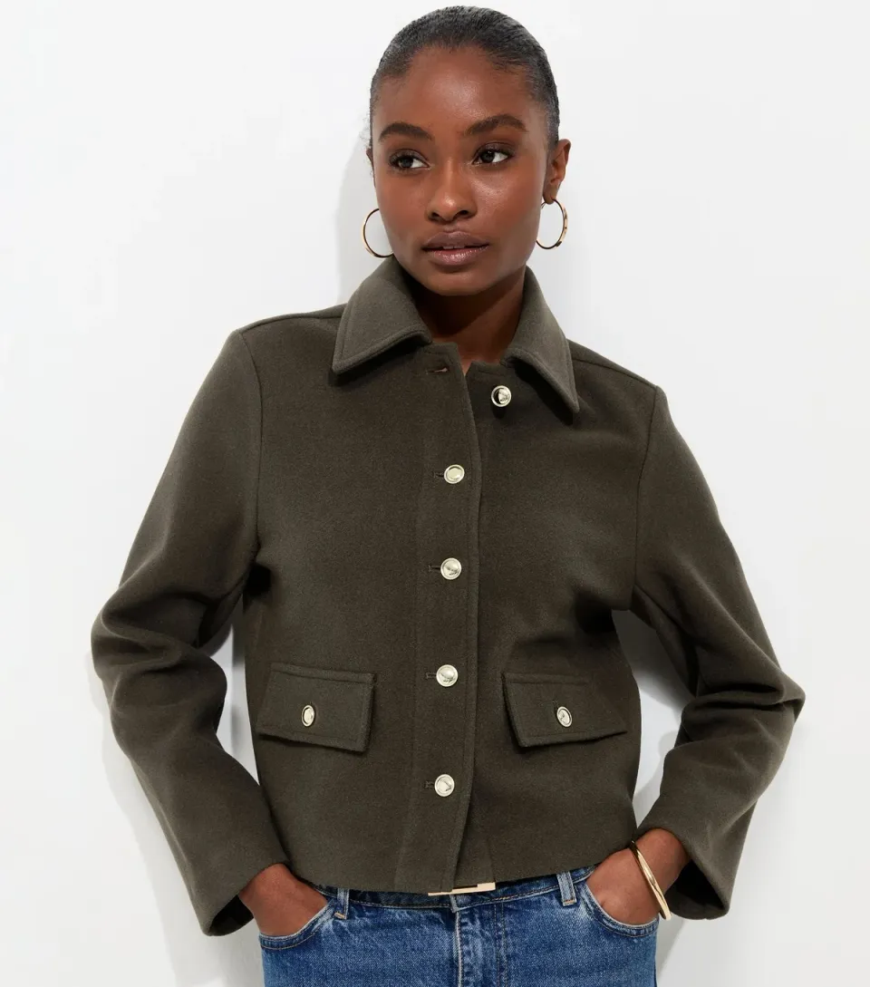 Women's Dark Khaki Button Front Collared Shacket