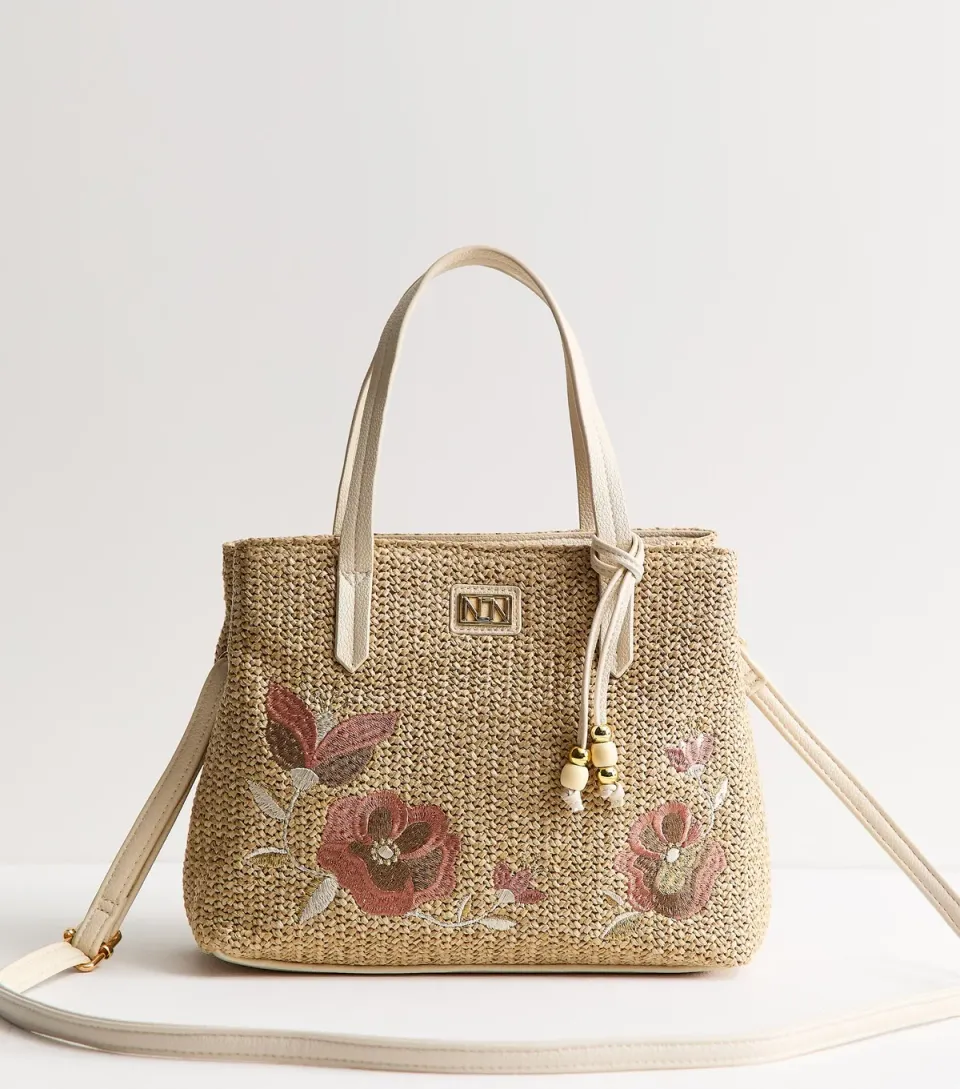 Oatmeal Woven Floral Embroidered Tote Bag
