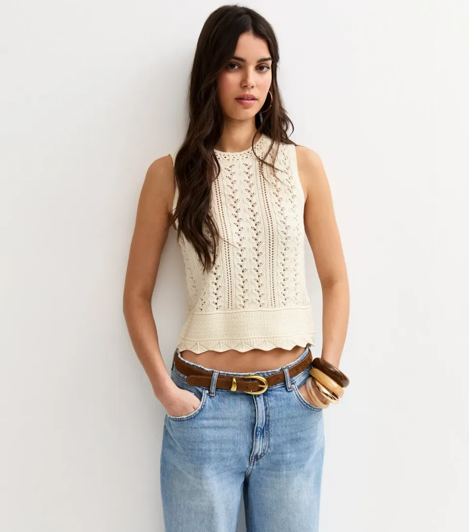 Women's Cream Cotton Rich Scallop Hem Pointelle Knitted Vest