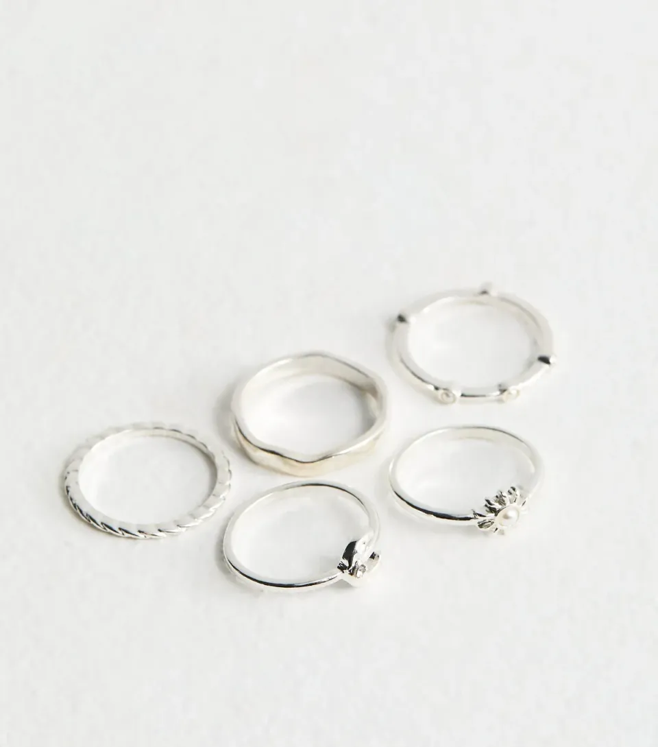 Pack of 5 Silver Tone Sun and Moon Rings