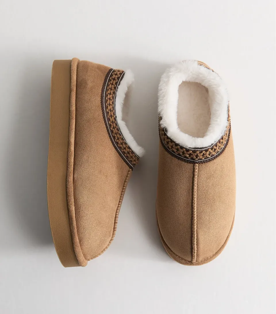 Women's Tan Faux Suede Chunky Sole Tape Trim Slippers Vegan
