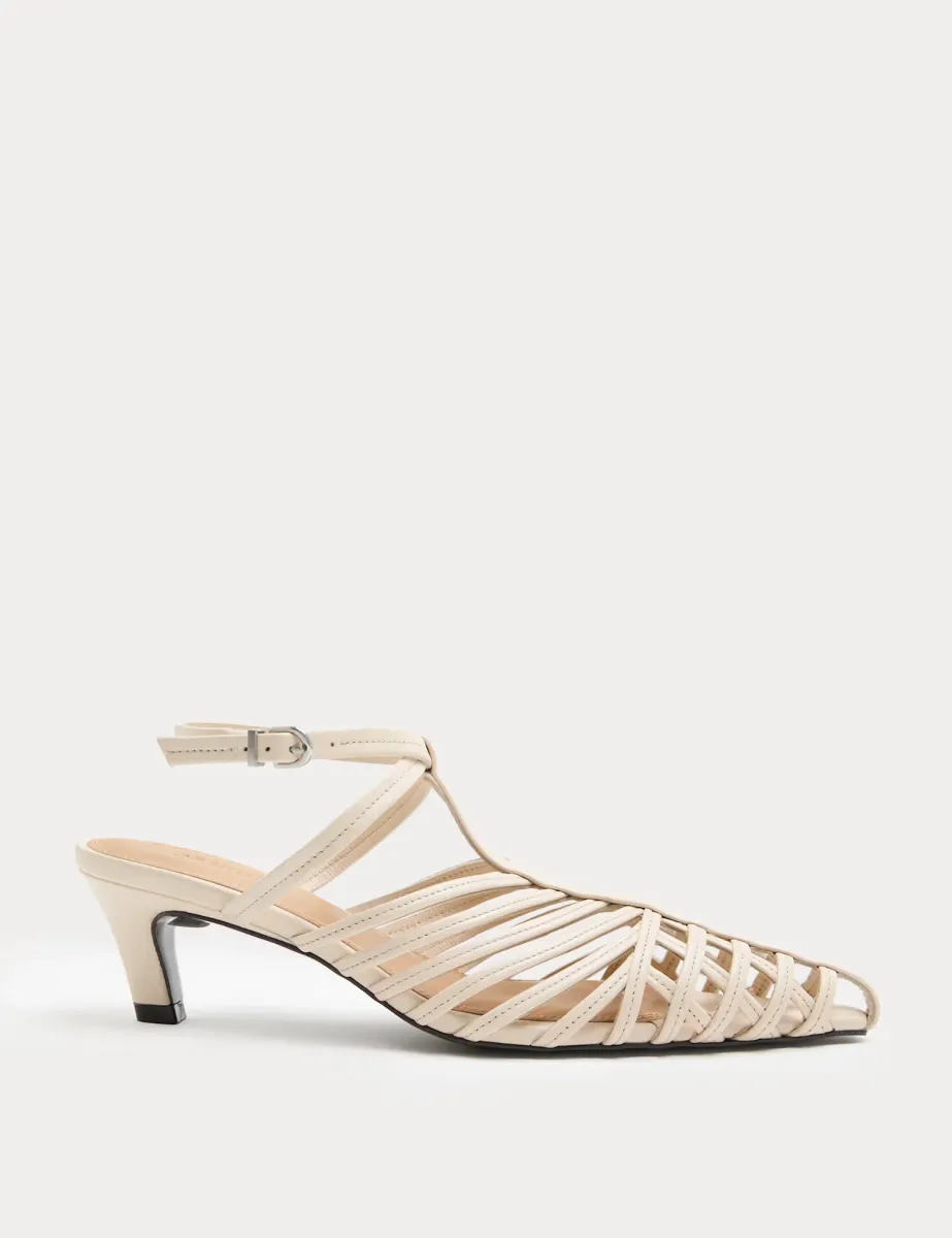 Leather Caged Strappy Kitten Heel Sandals Ivory