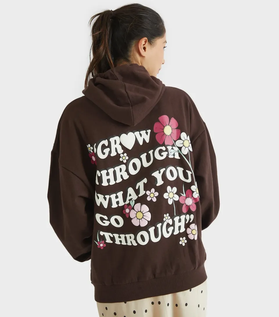 Women's Light Brown Floral Slogan Hoodie